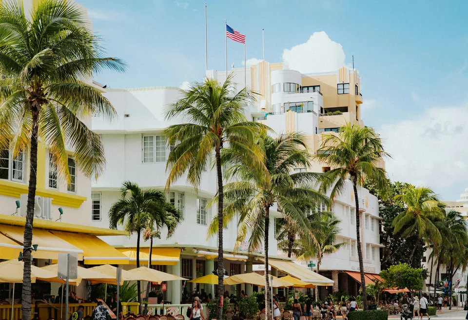 Art Deco architecture and palm trees on Ocean Drive, Miami Beach